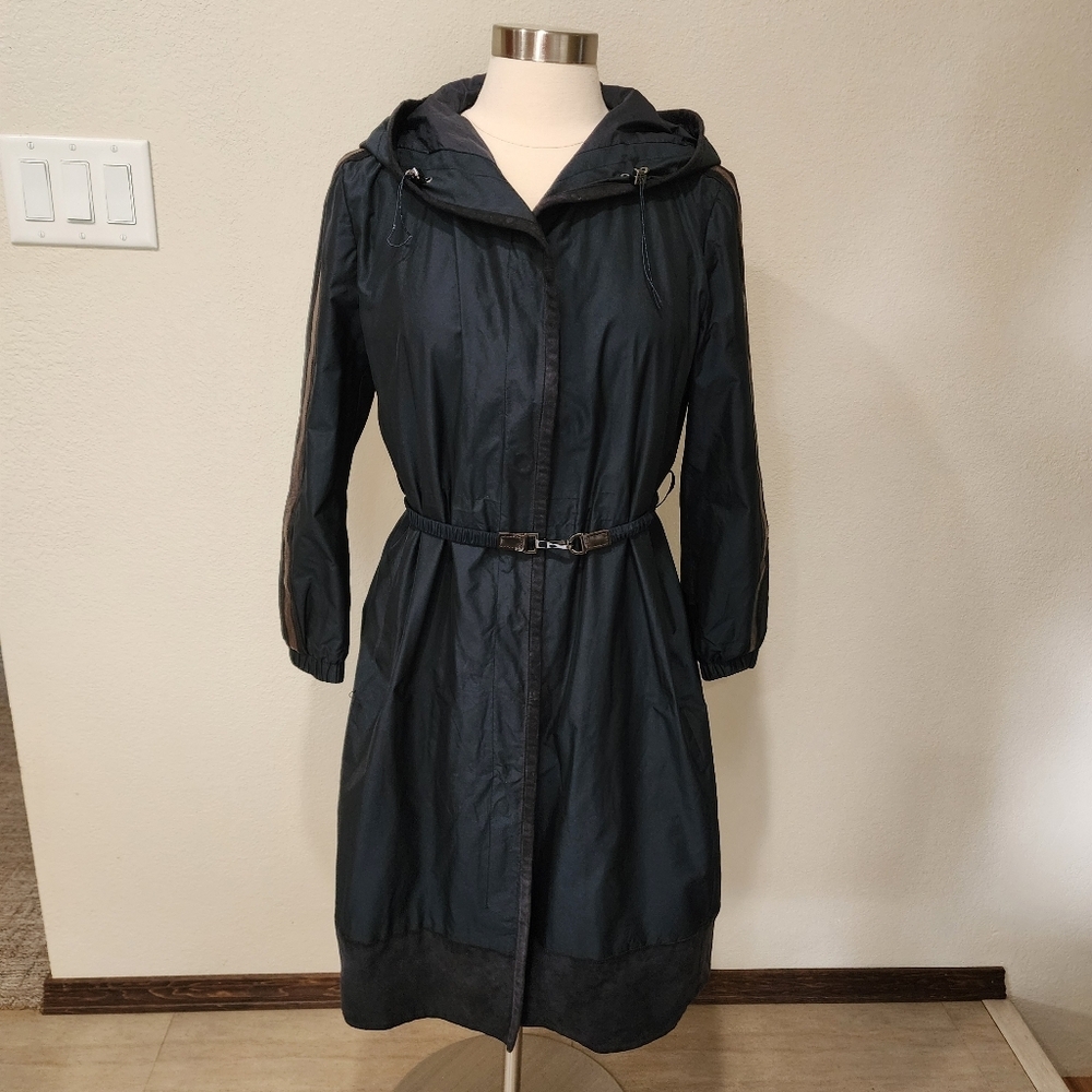 'S MaxMara Navy Hooded Jacket Rain Jacket Coat Trench Faux Leather Trim size 12